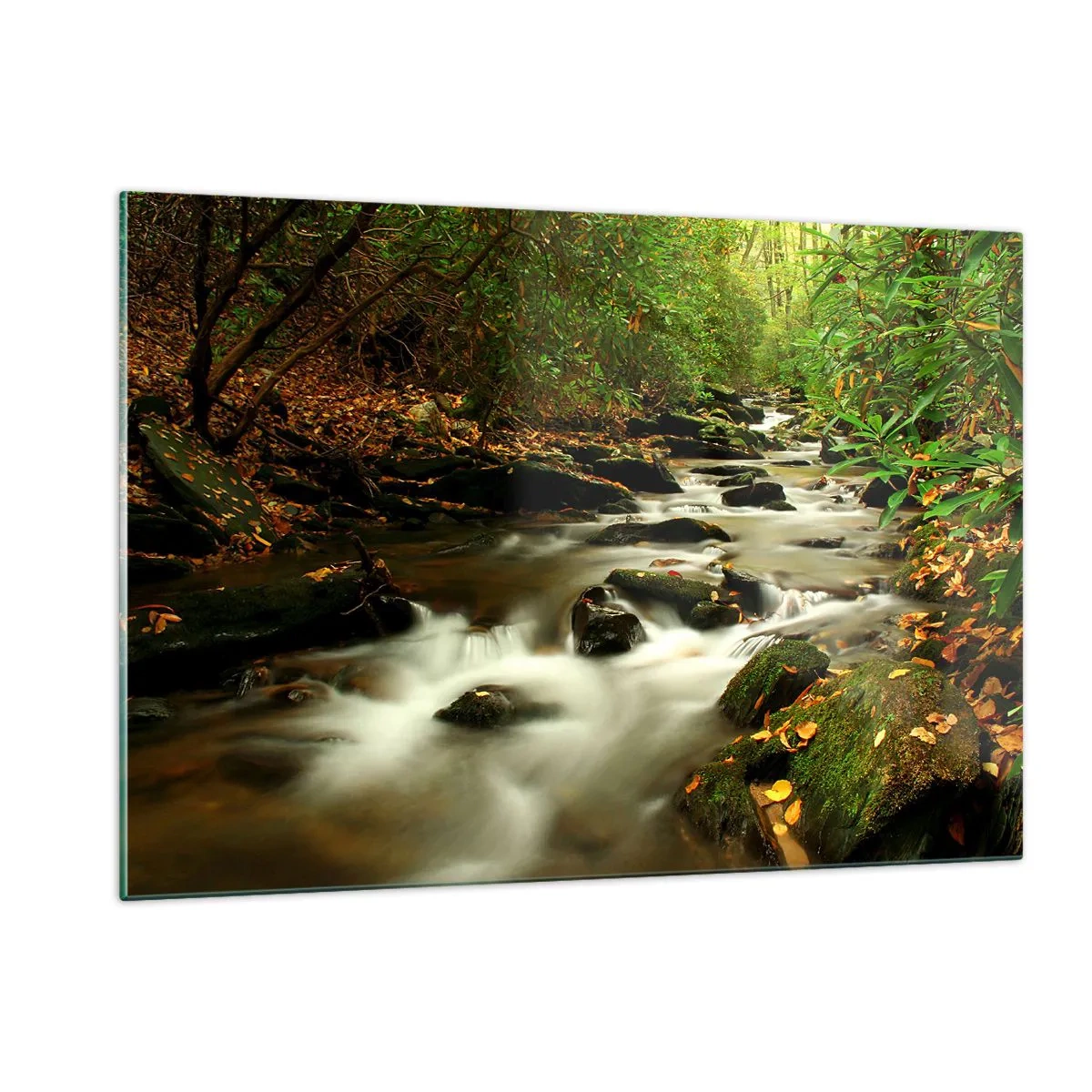 Quadro su vetro - Un ruscello nella foresta circondato da pietre e foglie - 120x80cm - Come argento liquido - Decorazione murale moderna per soggiorno e camera da letto ARTTOR