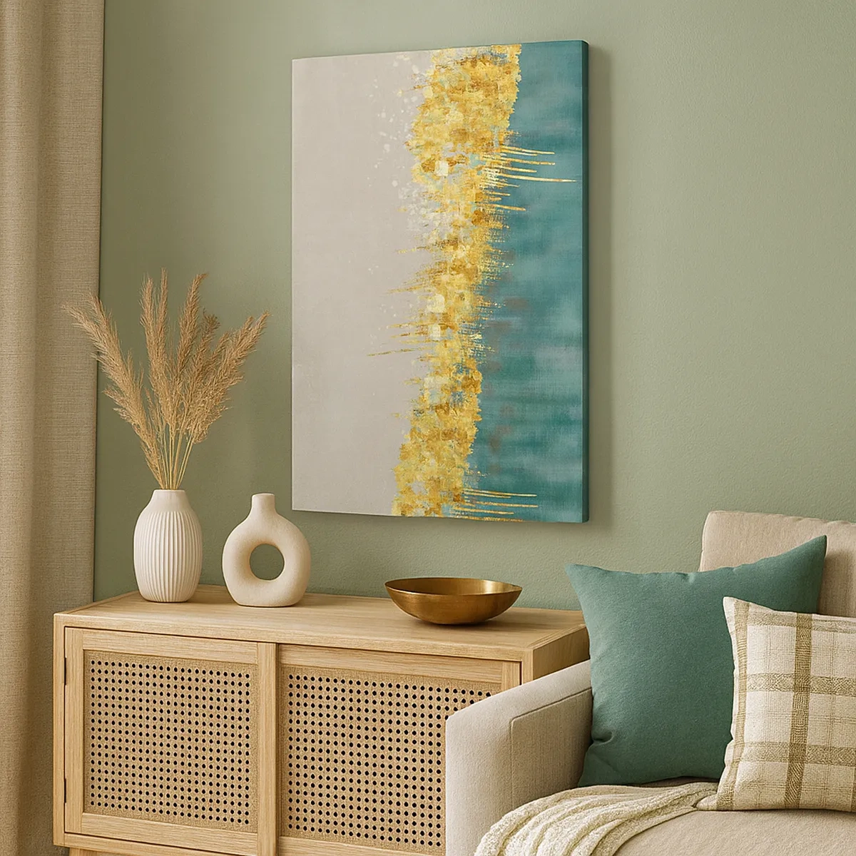 Quadro su tela - Stampe su Tela - Accenti dorati su sfondo verde-beige - 50x70cm - Confine dorato - Decorazione murale moderna per soggiorno e camera da letto ARTTOR