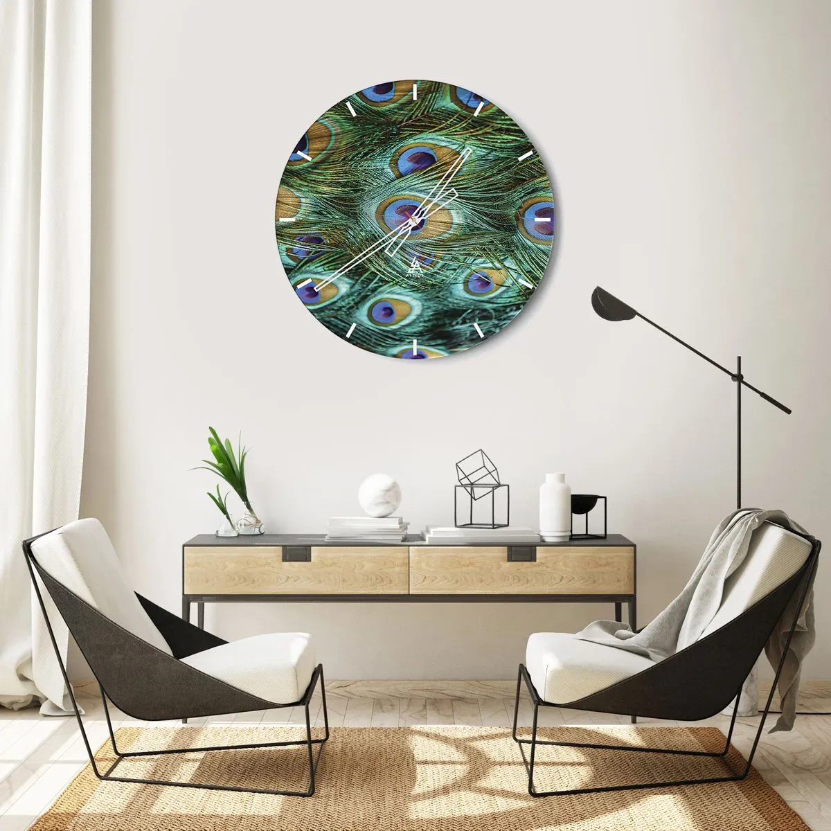 Orologio da parete - Orologio in Vetro - Piume di pavone nelle tonalità del verde e del blu - 30x30cm - Lo sguardo del pavone - Decorazione murale moderna per soggiorno, cucina e camera da letto ARTTOR