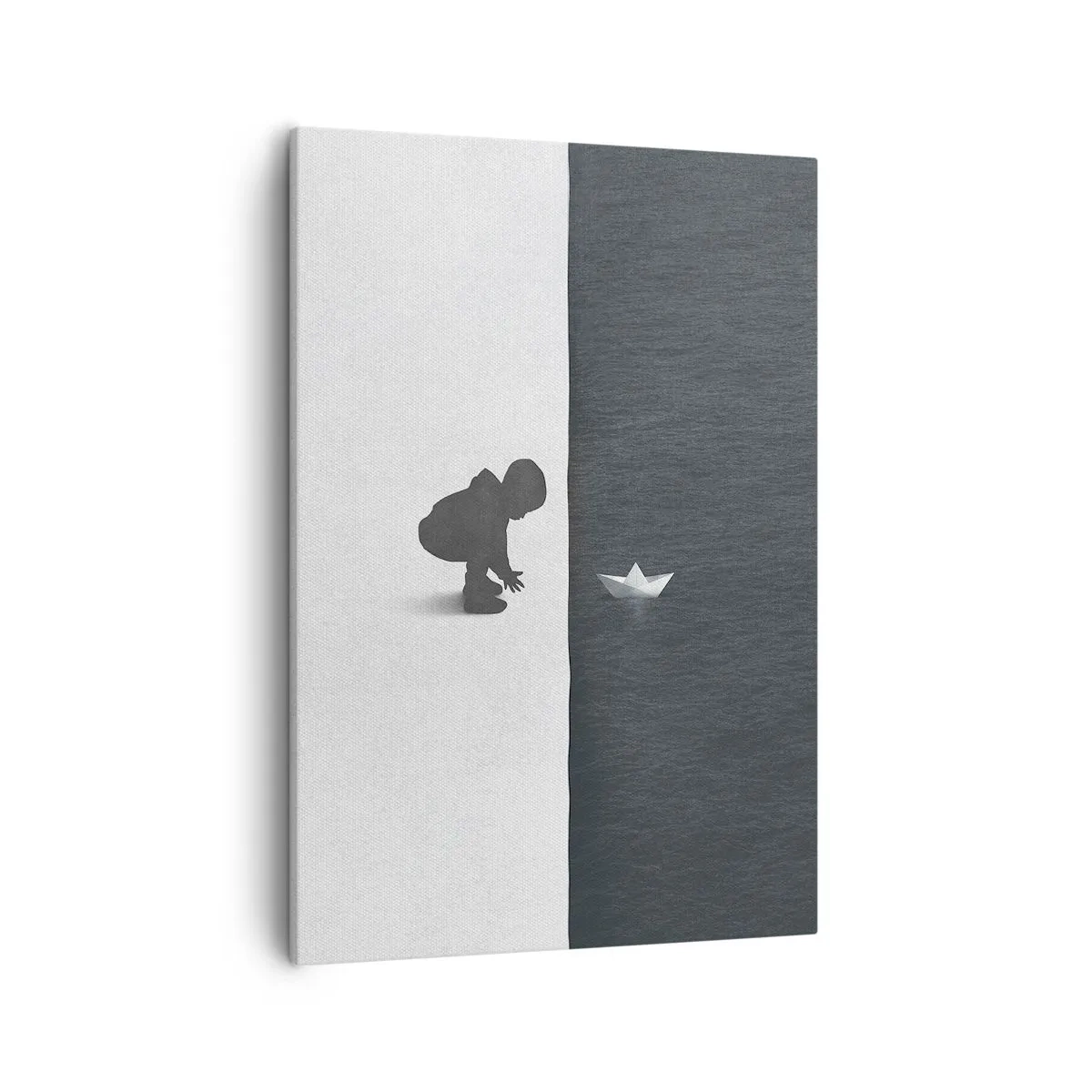Quadro su tela - Stampe su Tela - La figura di un bambino con una barchetta di carta su uno sfondo di metà contrastanti - 50x70cm - La grande spedizione - Decorazione murale moderna per soggiorno e camera da letto ARTTOR