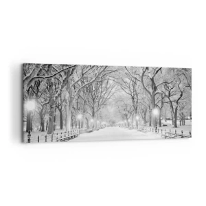 Quadro su tela - Stampe su Tela - Un vicolo invernale con alberi innevati in bianco e nero - 120x50cm - Quattro stagioni: l'inverno - Decorazione murale moderna per soggiorno e camera da letto ARTTOR