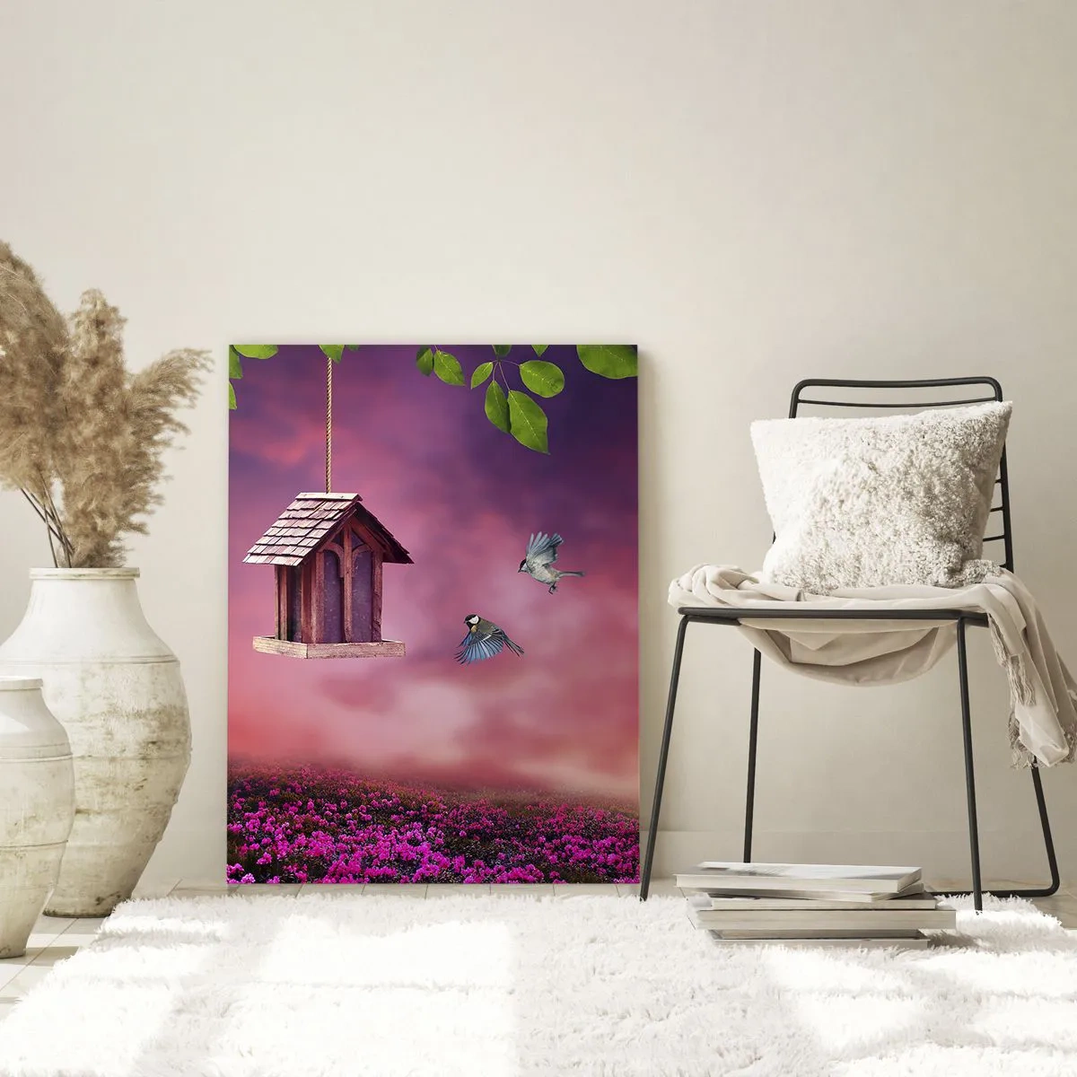 Quadro su vetro - Una mangiatoia per uccelli contro un cielo rosa - 50x70cm - Invito a cena - Decorazione murale moderna per soggiorno e camera da letto ARTTOR