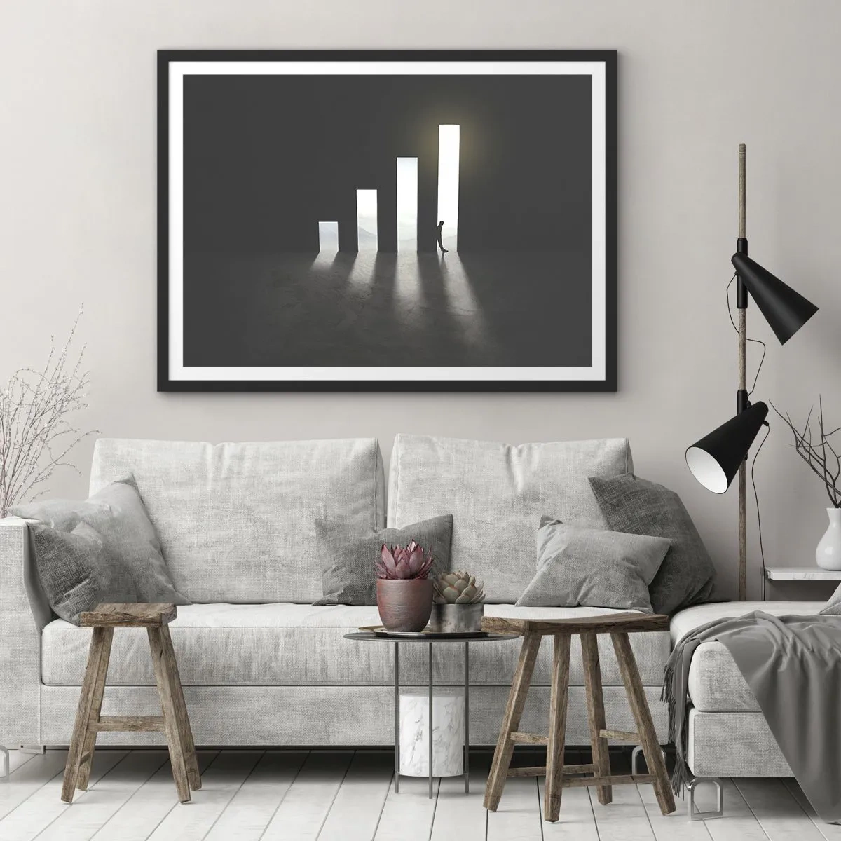 Poster in cornice nera - Crescita simbolica sotto forma di passaggi illuminati dalla luce - 70x50cm - Successo - impressione - Decorazione murale moderna per soggiorno e camera da letto ARTTOR
