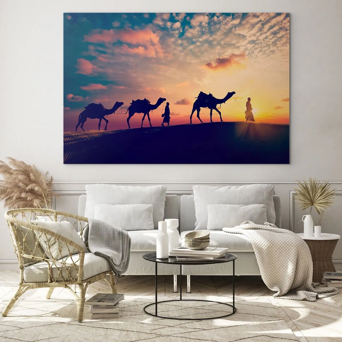 Quadro su vetro - Carovana di cammelli nel deserto al tramonto - 100x70cm - Il misterioso spirito d'oriente - Decorazione murale moderna per soggiorno e camera da letto ARTTOR