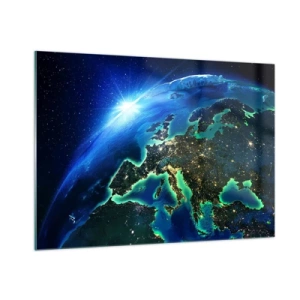 Quadro su vetro - Vista della Terra dallo spazio con Europa che brilla di notte - 100x70cm - L'Europa scintillante - Decorazione murale moderna per soggiorno e camera da letto ARTTOR