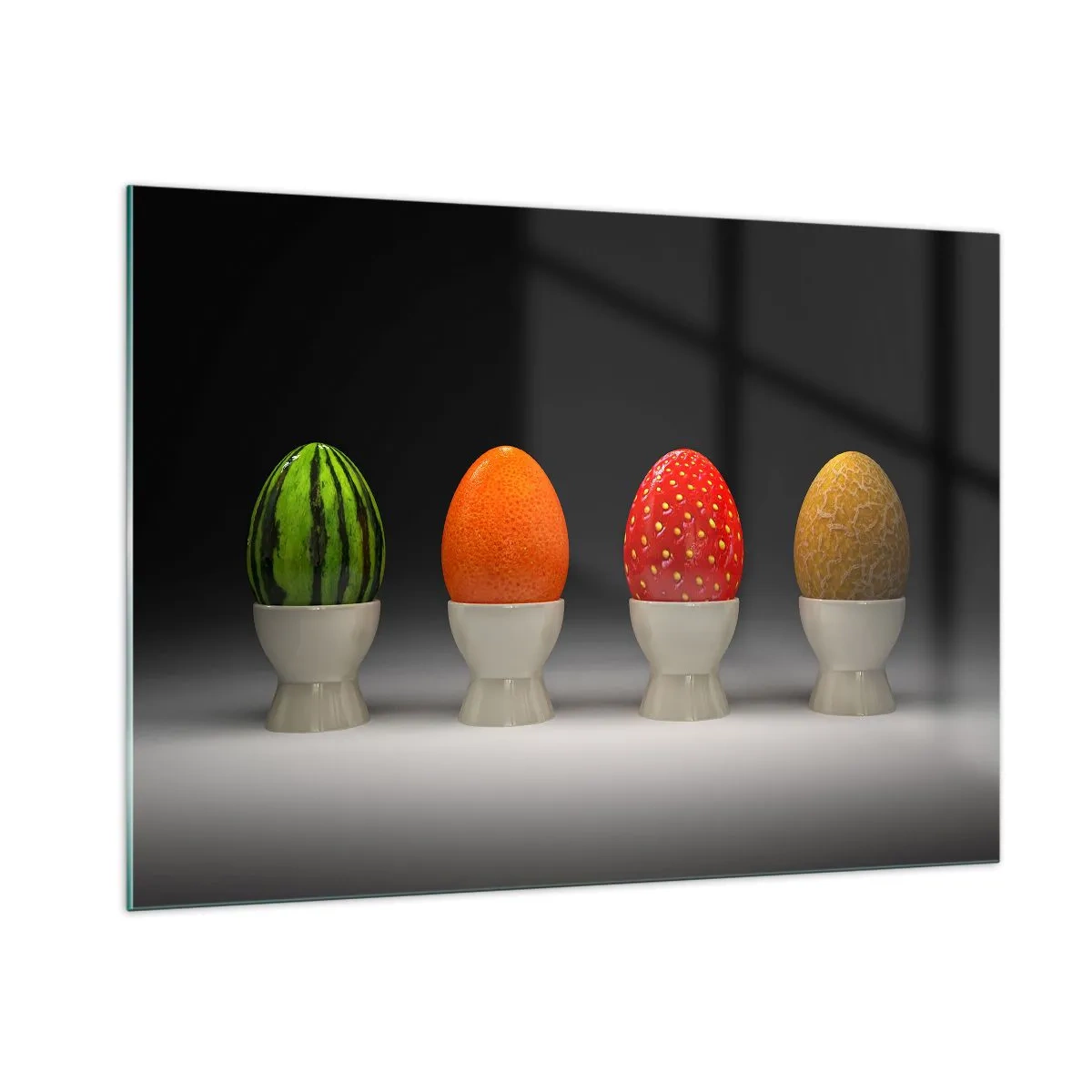 Quadro su vetro - Uova in gusci di frutta su un supporto - 100x70cm - Colazione alla frutta - Decorazione murale moderna per soggiorno e camera da letto ARTTOR