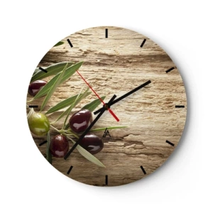 Orologio da parete - Orologio in Vetro - Ramo d'ulivo su uno sfondo di legno - 30x30cm - Direttamente dalla natura - Decorazione murale moderna per soggiorno, cucina e camera da letto ARTTOR