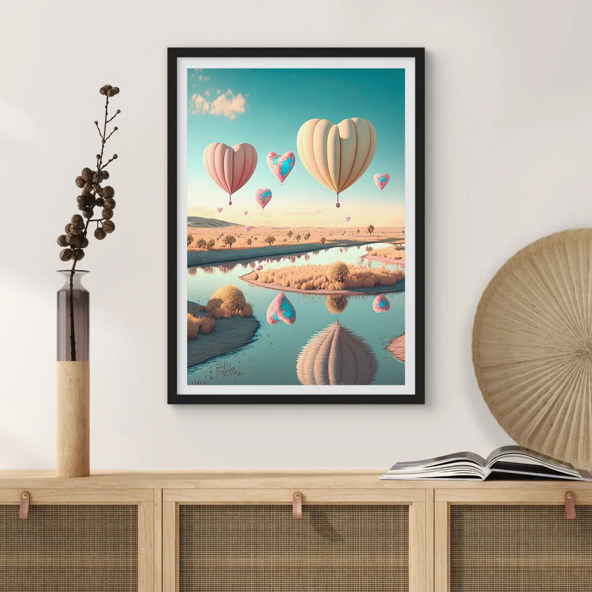 Poster in cornice nera - Palloncini a forma di cuore che fluttuano sopra il paesaggio - 50x70cm - L'amore permette di volare - Decorazione murale moderna per soggiorno e camera da letto ARTTOR