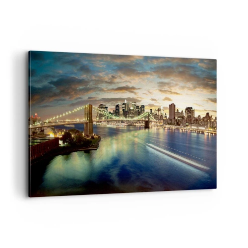 Quadro su tela - Stampe su Tela - Un ponte illuminato con la città sullo sfondo, con luci riflesse nell'acqua. - 120x80cm - Il cielo luminoso sopra Manhattan - Decorazione murale moderna per soggiorno e camera da letto ARTTOR