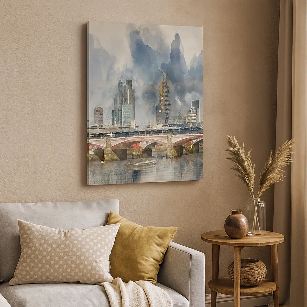 Quadro su tela - Stampe su Tela - Vista ad acquerello del ponte e dello skyline della città - 50x70cm - Londra in tutta la sua bellezza - Decorazione murale moderna per soggiorno e camera da letto ARTTOR
