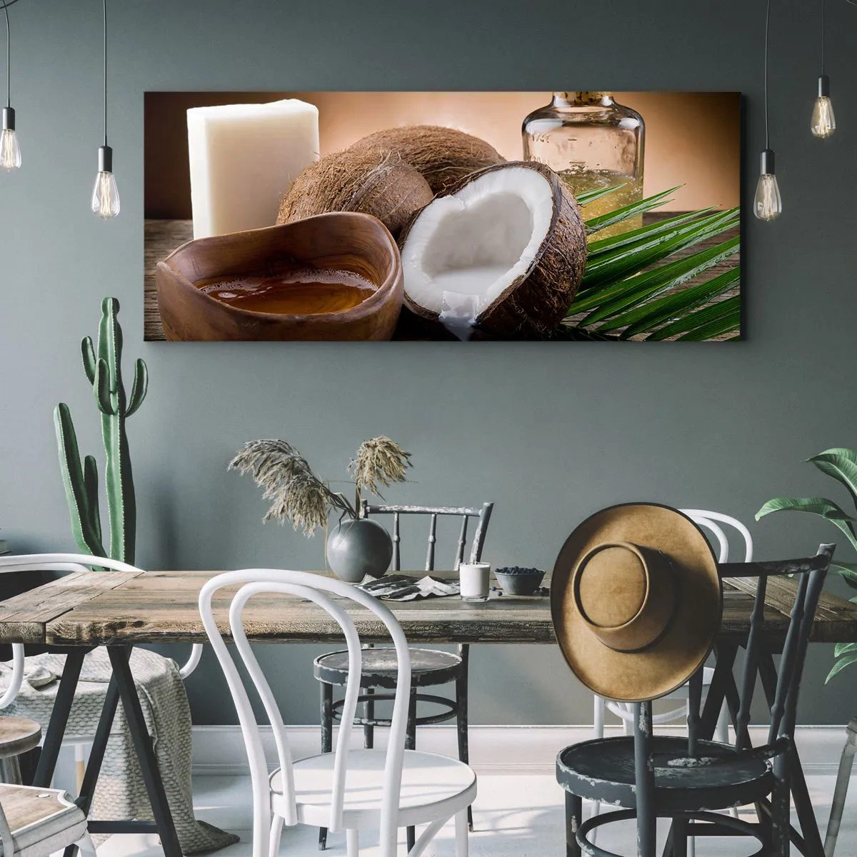 Quadro su tela - Stampe su Tela - Noci di cocco, candela e olio su uno sfondo di legno - 140x50cm - Salute dalle isole tropicali - Decorazione murale moderna per soggiorno e camera da letto ARTTOR