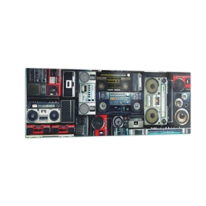 Quadro su vetro - Un collage di registratori a nastro retrò e altoparlanti vintage. - 140x50cm - Nostalgia degli anni '80 - Decorazione murale moderna per soggiorno e camera da letto ARTTOR