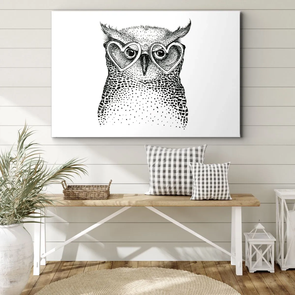 Quadro su tela - Stampe su Tela - Grafica elegante di un gufo che indossa occhiali a forma di cuore - 70x50cm - Saggiamente e con amore - Decorazione murale moderna per soggiorno e camera da letto ARTTOR