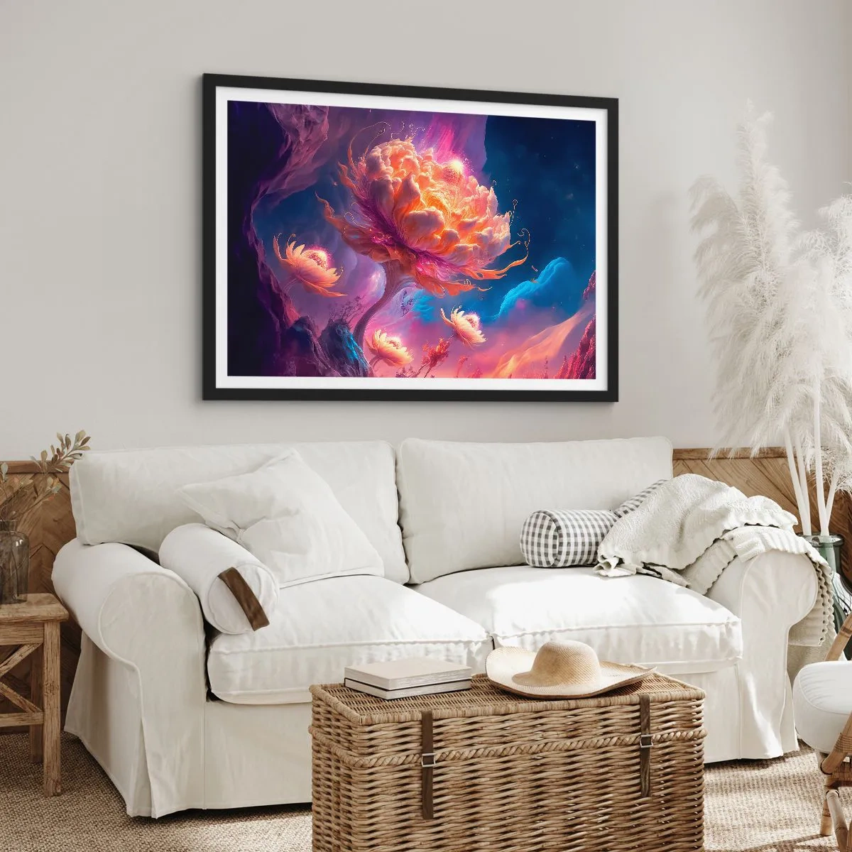 Poster in cornice nera - Fiori fantastici in un paesaggio cosmico - 70x50cm - Un altro mondo - Decorazione murale moderna per soggiorno e camera da letto ARTTOR