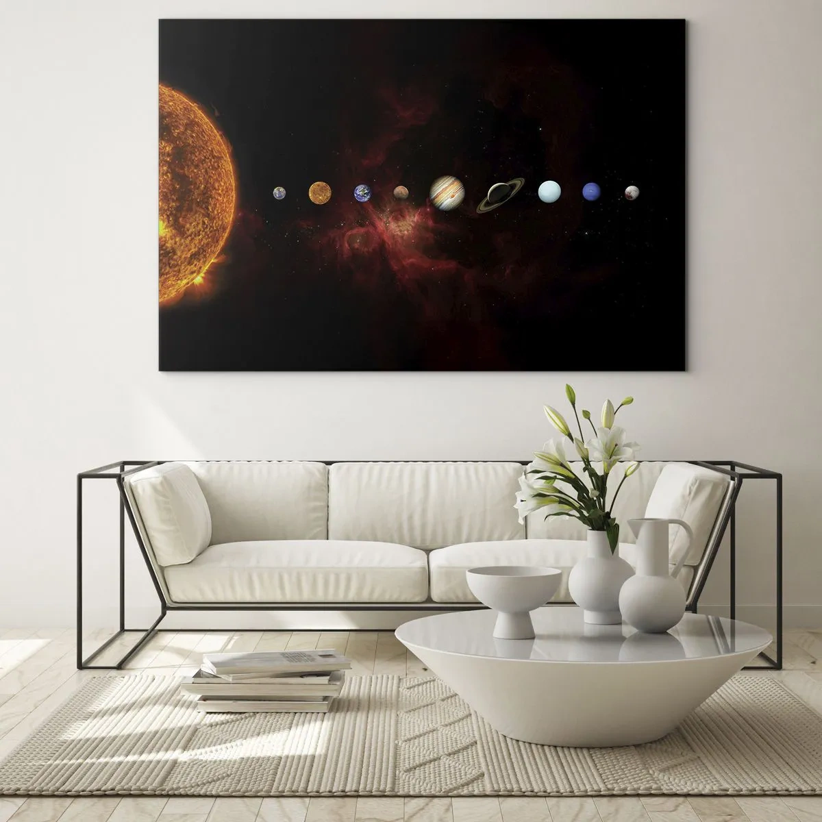 Quadro su vetro - Sistema planetario con il Sole su sfondo nero - 100x70cm - Il nostro vicinato - Decorazione murale moderna per soggiorno e camera da letto ARTTOR