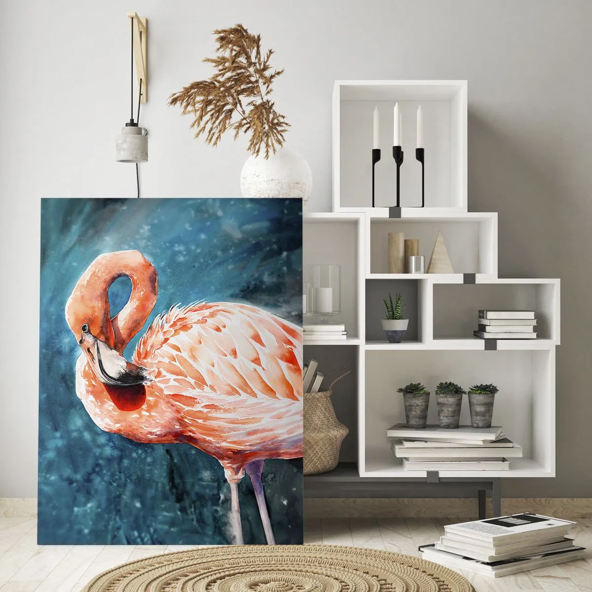 Quadro su vetro - Un fenicottero rosa su uno sfondo acquerello blu - 50x70cm - Naturalmente decorativo  - Decorazione murale moderna per soggiorno e camera da letto ARTTOR