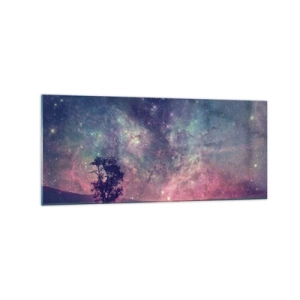 Quadro su vetro - Un albero contro un cielo stellato nei colori viola e blu - 120x50cm - Sotto un cielo magico - Decorazione murale moderna per soggiorno e camera da letto ARTTOR