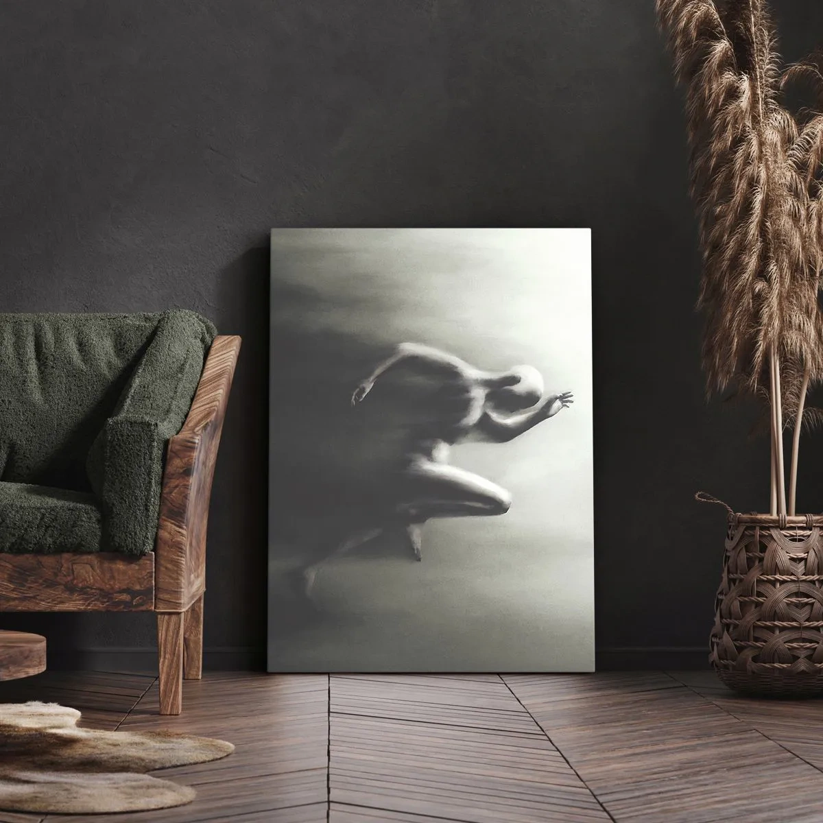 Quadro su tela - Stampe su Tela - Una silhouette in bianco e nero di una figura in corsa, realizzata in uno stile dinamico e surreale. - 50x70cm - Inarrestabile - Decorazione murale moderna per soggiorno e camera da letto ARTTOR