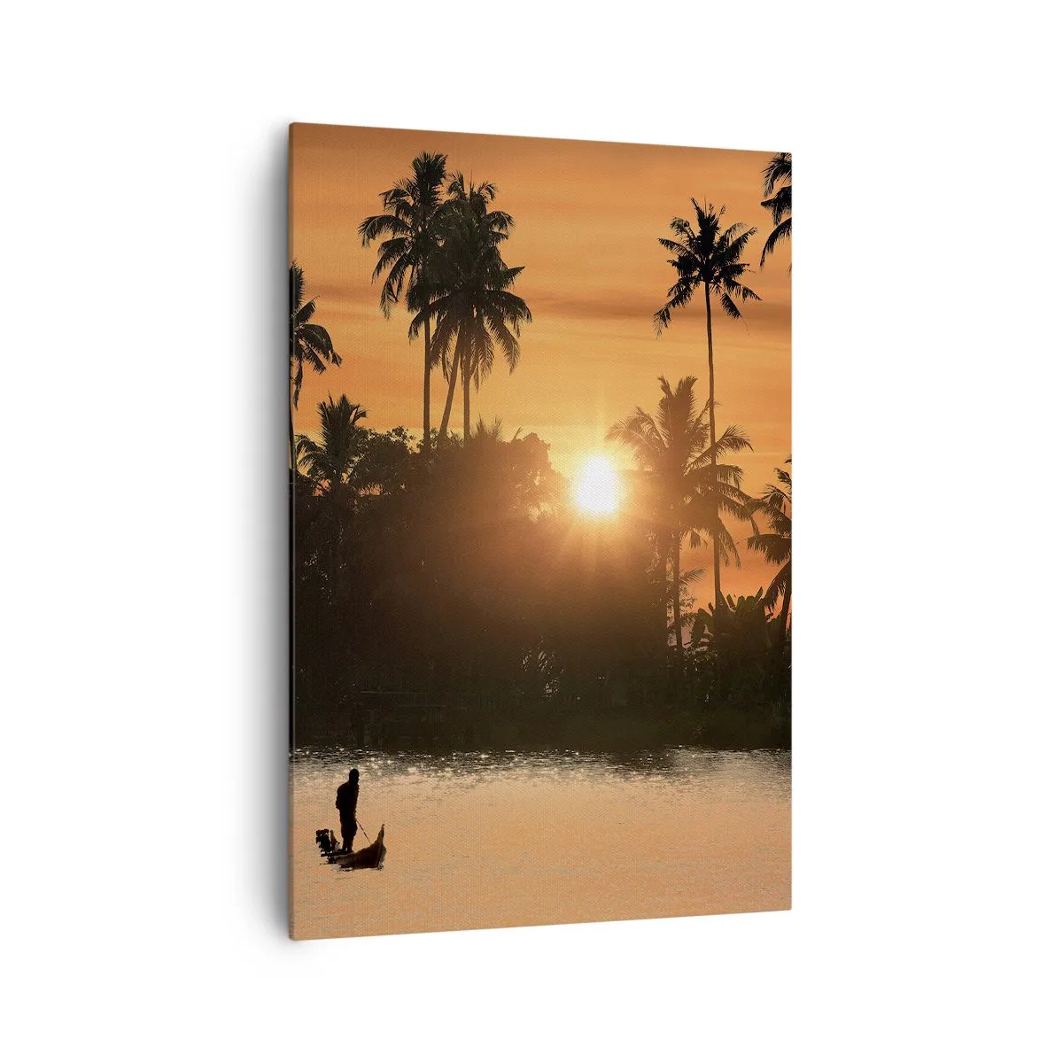 Quadro su tela - Stampe su Tela - Tramonto sulle palme e un lago calmo con una barca - 70x100cm - Il tempo del riposo - Decorazione murale moderna per soggiorno e camera da letto ARTTOR