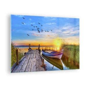 Quadro su vetro - Molo di legno su un lago con una barca all'alba - 70x50cm - A domani - Decorazione murale moderna per soggiorno e camera da letto ARTTOR