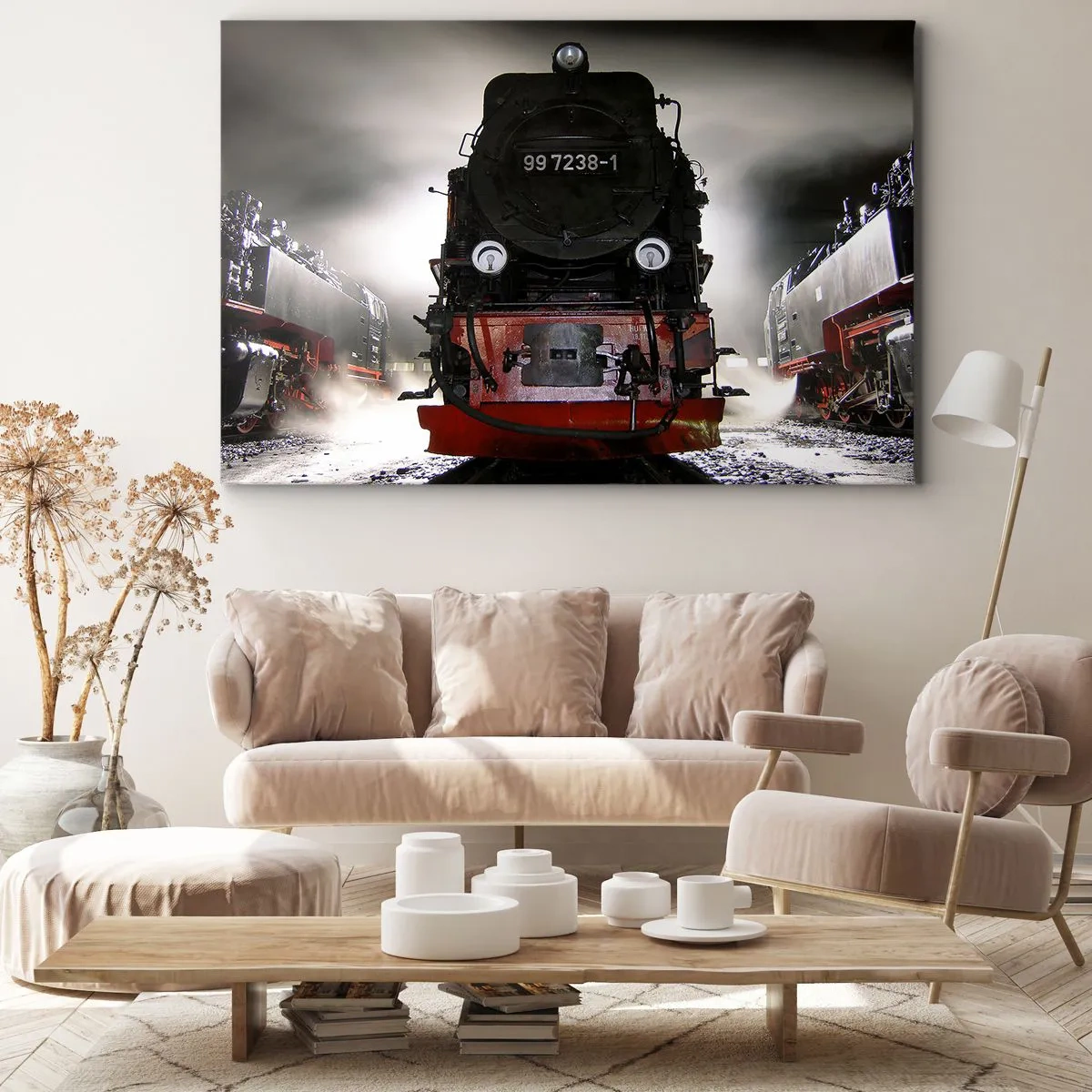 Quadro su tela - Stampe su Tela - Una locomotiva a vapore circondata dal vapore contro un cielo scuro in un ambiente suggestivo - 120x80cm - Ansima, sbuffa e soffia - Decorazione murale moderna per soggiorno e camera da letto ARTTOR
