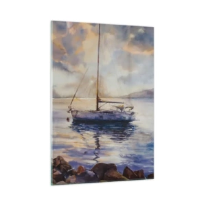 Quadro su vetro - Uno yacht ormeggiato in una baia tranquilla al tramonto - 50x70cm - La sera nel golfo - Decorazione murale moderna per soggiorno e camera da letto ARTTOR