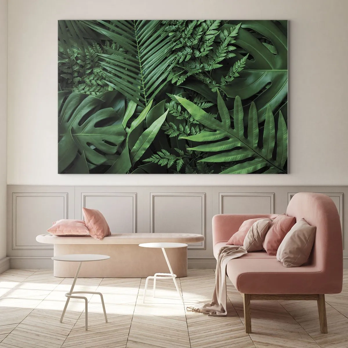 Quadro su vetro - Foglie verdi dense di piante tropicali nella composizione - 100x70cm - Avvolti nel verde - Decorazione murale moderna per soggiorno e camera da letto ARTTOR
