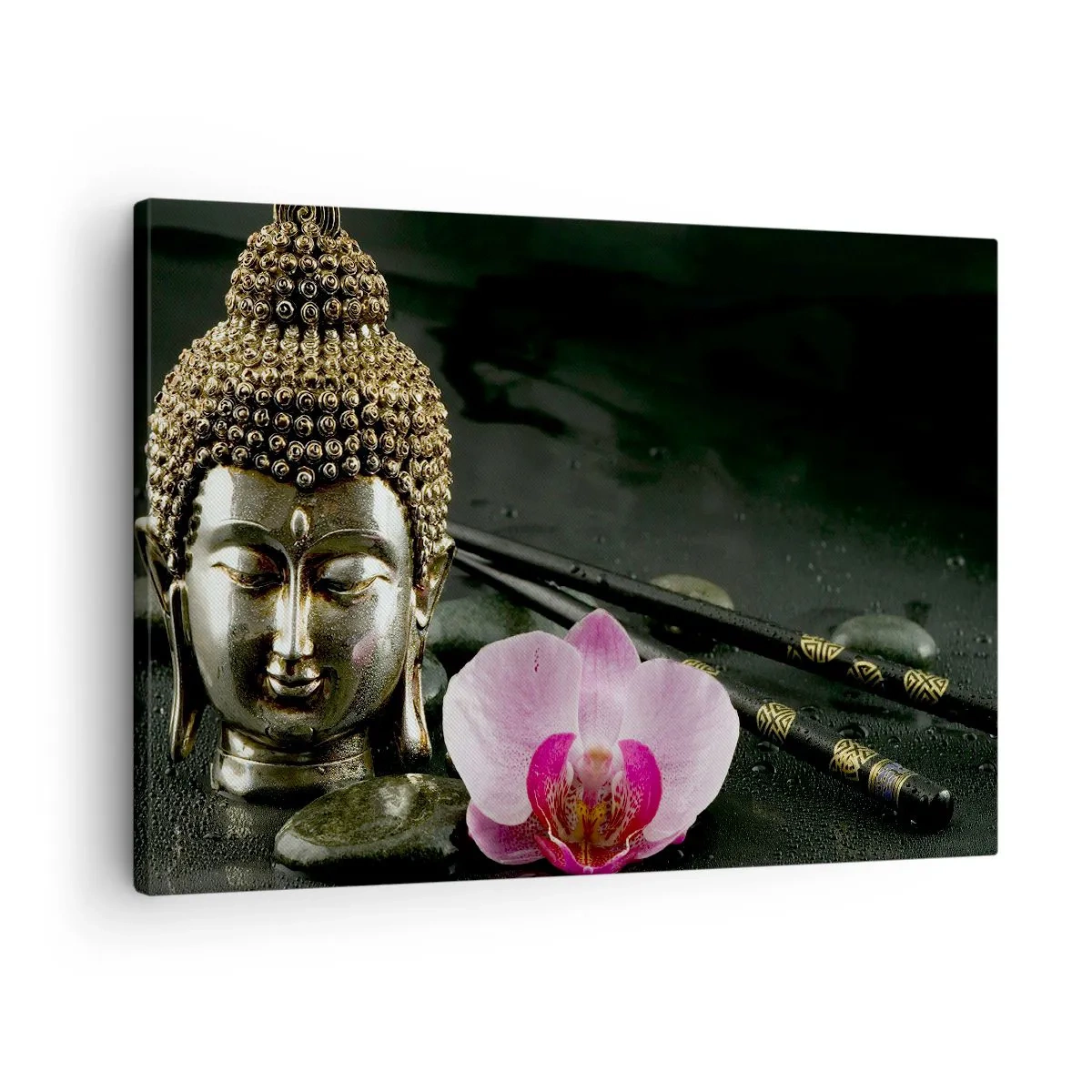 Quadro su tela - Stampe su Tela - Una statuetta di Buddha con un'orchidea e delle bacchette su uno sfondo di pietre - 70x50cm - Armonia di saggezza e bellezza - Decorazione murale moderna per soggiorno e camera da letto ARTTOR