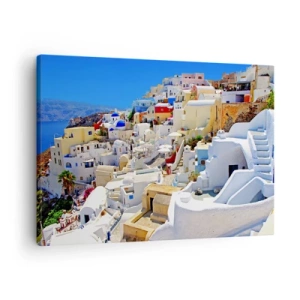 Quadro su tela - Stampe su Tela - Panorama di Santorini con case bianche e cielo azzurro - 70x50cm - Sogno di un'estate greca - Decorazione murale moderna per soggiorno e camera da letto ARTTOR