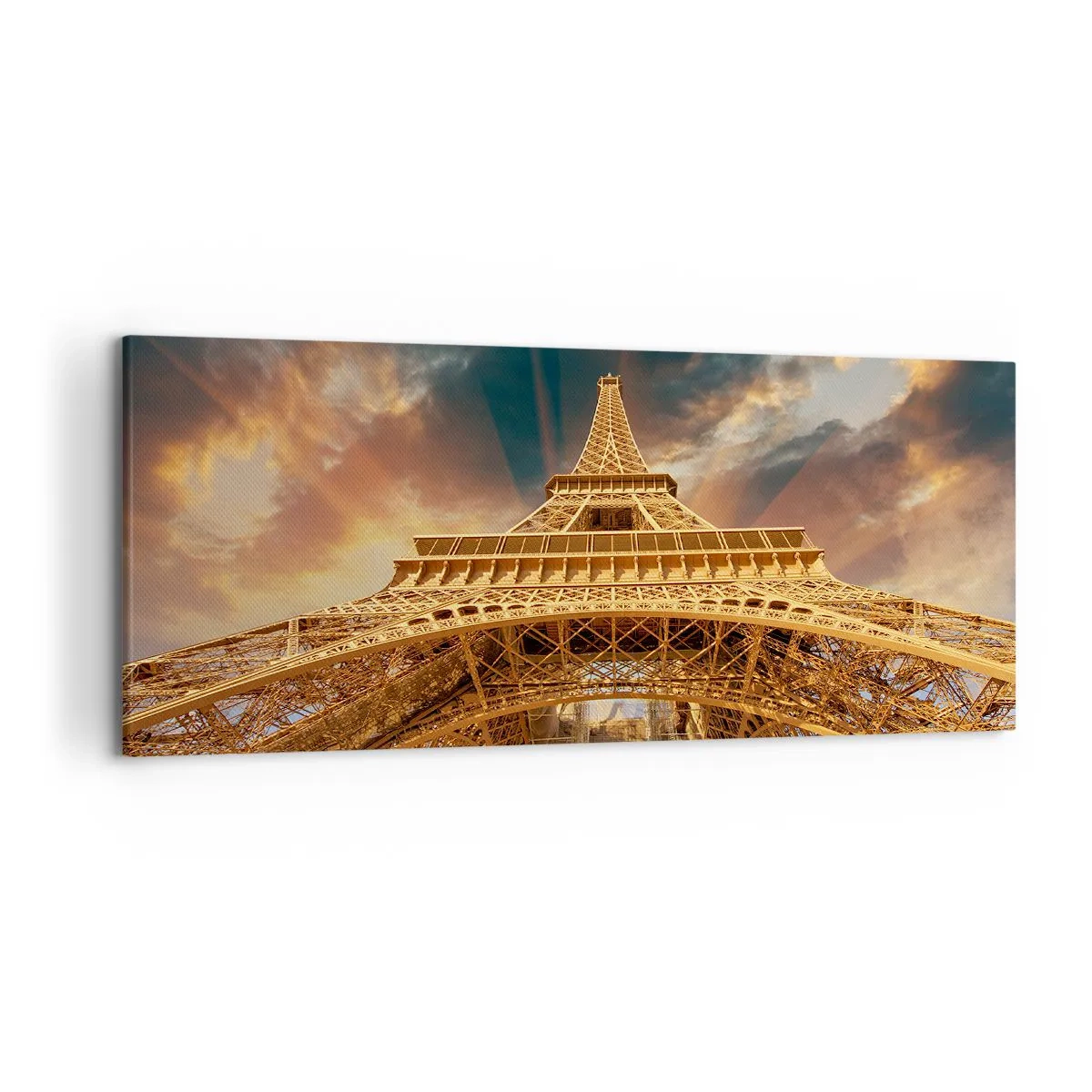 Quadro su tela - Stampe su Tela - La Torre Eiffel dal basso sullo sfondo del sole al tramonto - 120x50cm - Come gli uomini hanno raggiunto il cielo - Decorazione murale moderna per soggiorno e camera da letto ARTTOR