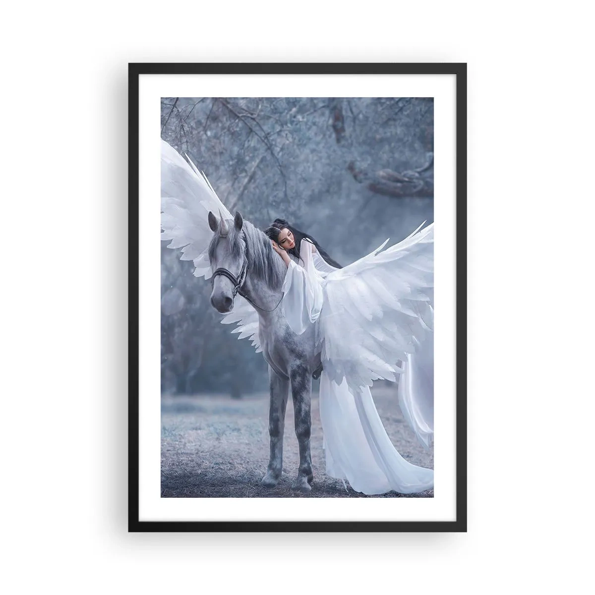 Poster in cornice nera - Pegaso con ali bianche e figura eterea - 50x70cm - Momento ispirato - Decorazione murale moderna per soggiorno e camera da letto ARTTOR