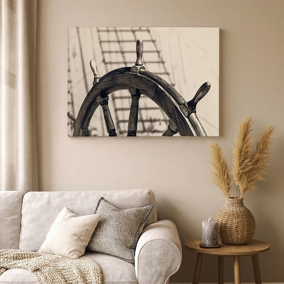 Quadro su tela - Stampe su Tela - Un timone a vela in stile retrò con una nave sullo sfondo - 70x50cm - Racconti del mare - Decorazione murale moderna per soggiorno e camera da letto ARTTOR