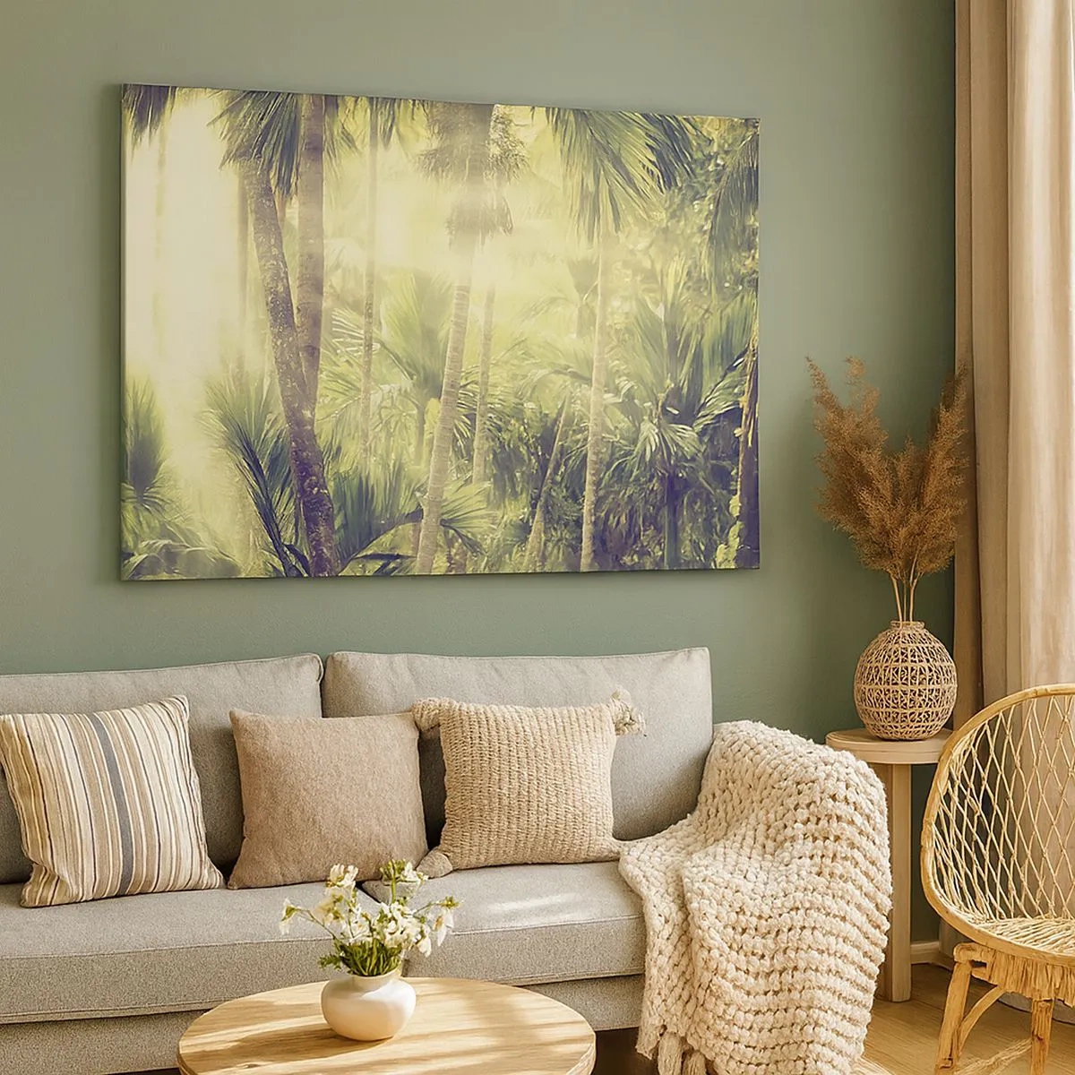 Quadro su tela - Stampe su Tela - Raggi di sole in una foresta tropicale di palme - 70x50cm - Nell'afa verde - Decorazione murale moderna per soggiorno e camera da letto ARTTOR