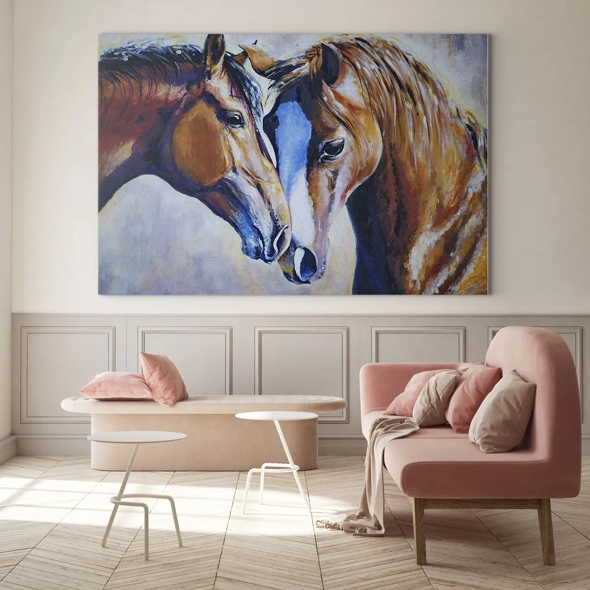 Quadro su vetro - Due cavalli in un tenero gesto di vicinanza - 70x50cm - Sarà amicizia o amore? - Decorazione murale moderna per soggiorno e camera da letto ARTTOR