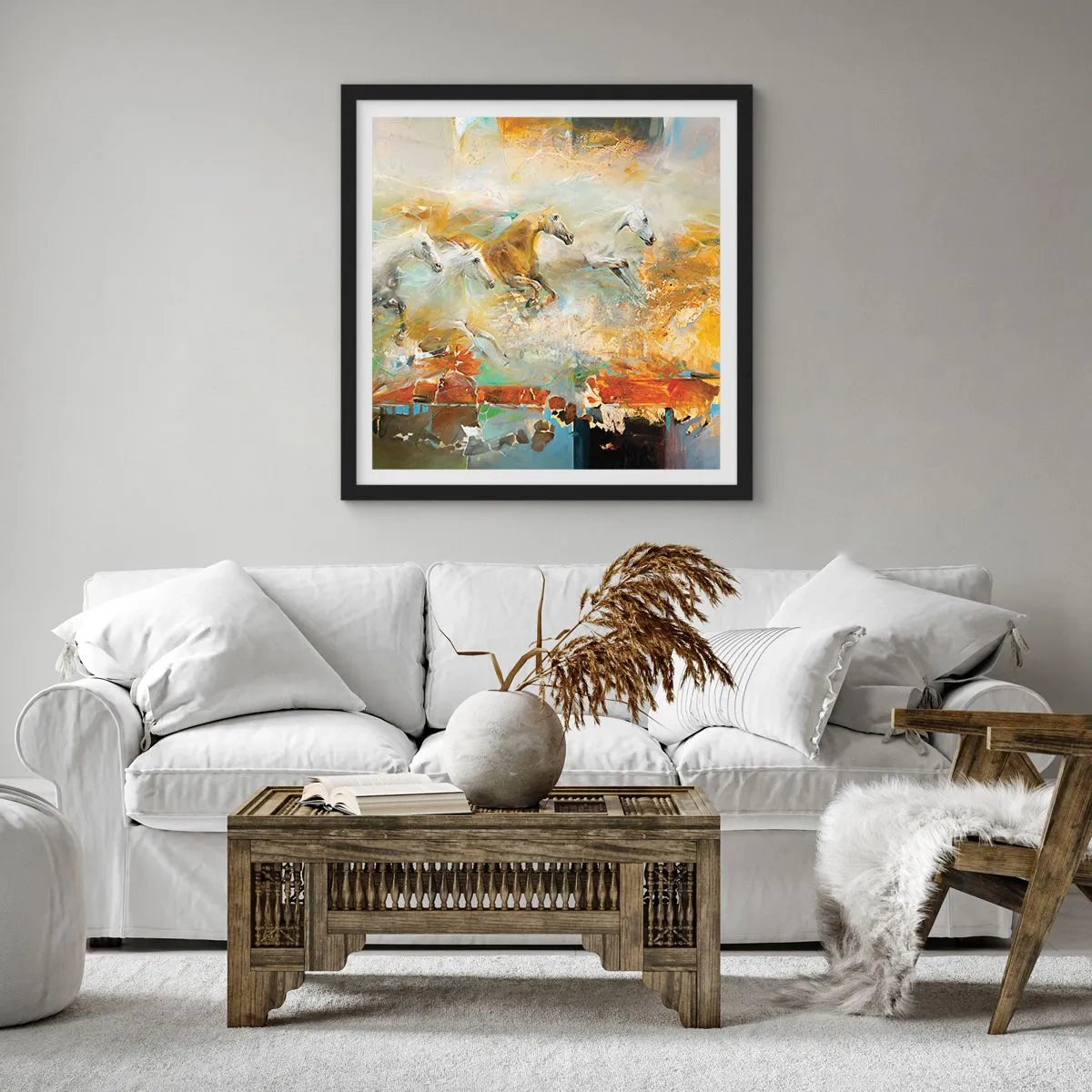 Poster in cornice nera - Al galoppo attraverso la luce - 60x60 cm