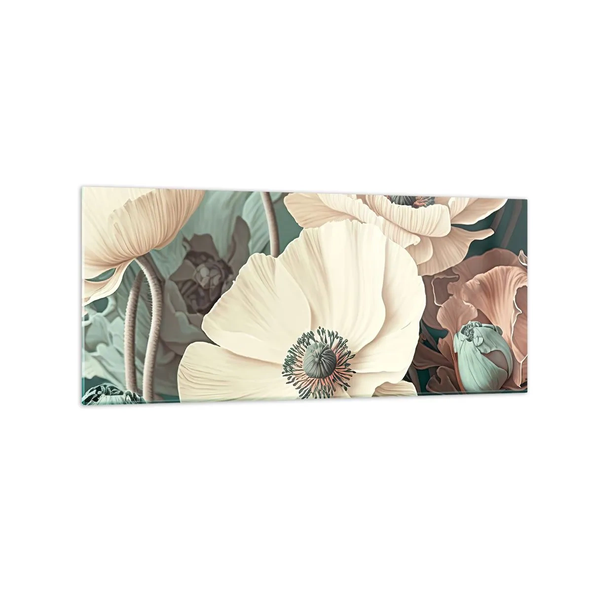 Quadro su vetro - Eleganti fiori in tonalità pastello su sfondo verde - 120x50cm - Il sussurro dei papaveri - Decorazione murale moderna per soggiorno e camera da letto ARTTOR