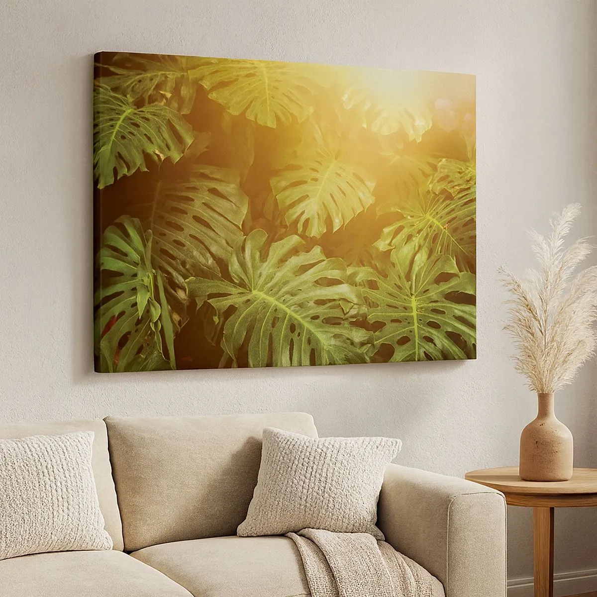 Quadro su tela - Stampe su Tela - Foglie di Monstera alla luce del sole su uno sfondo naturale - 70x50cm - Entrando nel verde... - Decorazione murale moderna per soggiorno e camera da letto ARTTOR