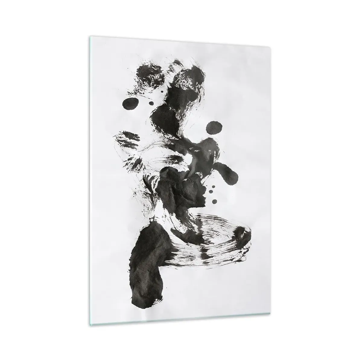 Quadro su vetro - Macchia nera astratta e pennellate su sfondo bianco - 50x70cm - C'è un senso nella follia? - Decorazione murale moderna per soggiorno e camera da letto ARTTOR