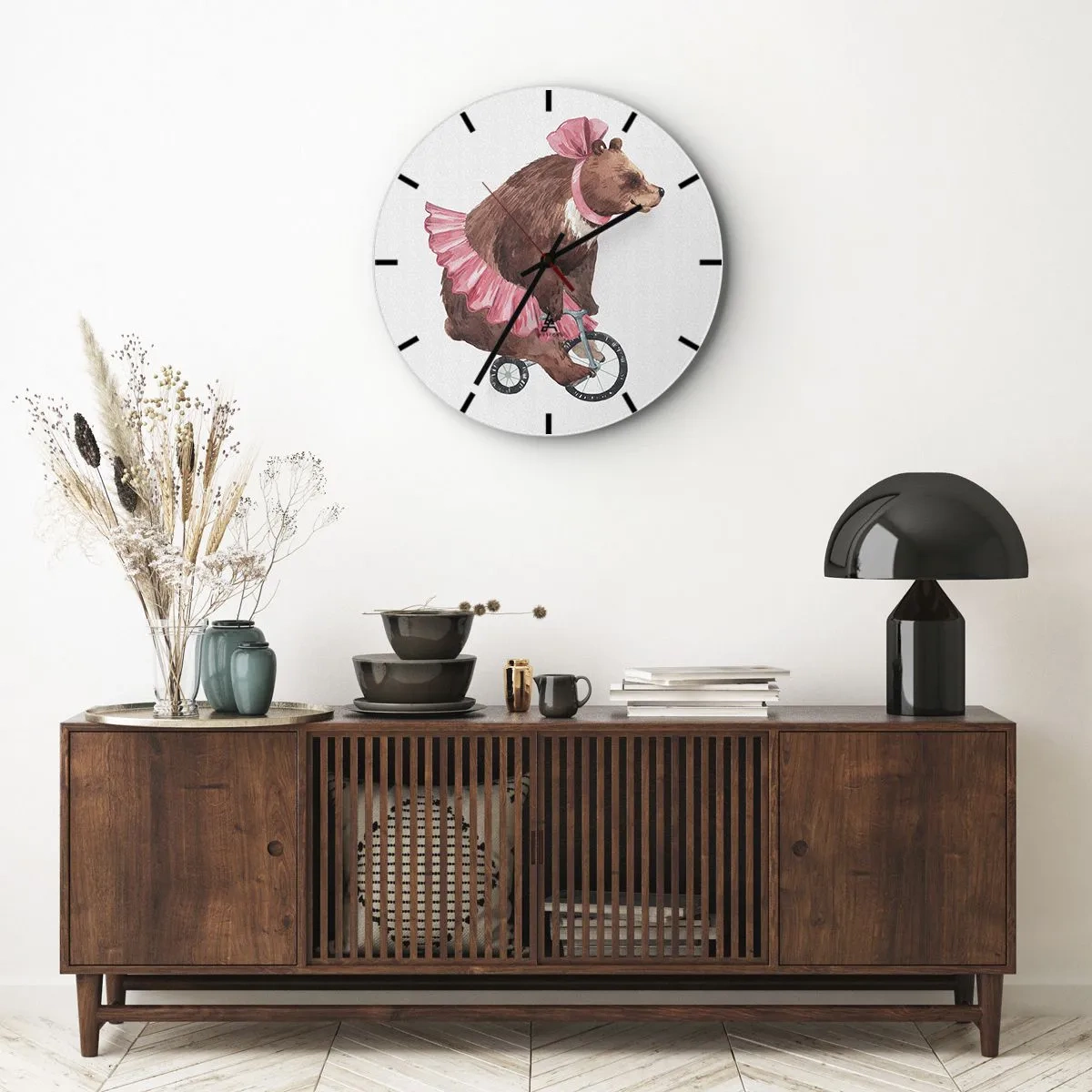 Orologio da parete - Orologio in Vetro - Un orso con una gonna rosa che guida un monociclo - 30x30cm - Evviva il circo! - Decorazione murale moderna per soggiorno, cucina e camera da letto ARTTOR