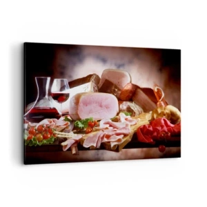 Quadro su tela - Stampe su Tela - Affettati con vino su sfondo rustico - 120x80cm - Sogno culinario con caraffa - Decorazione murale moderna per soggiorno e camera da letto ARTTOR