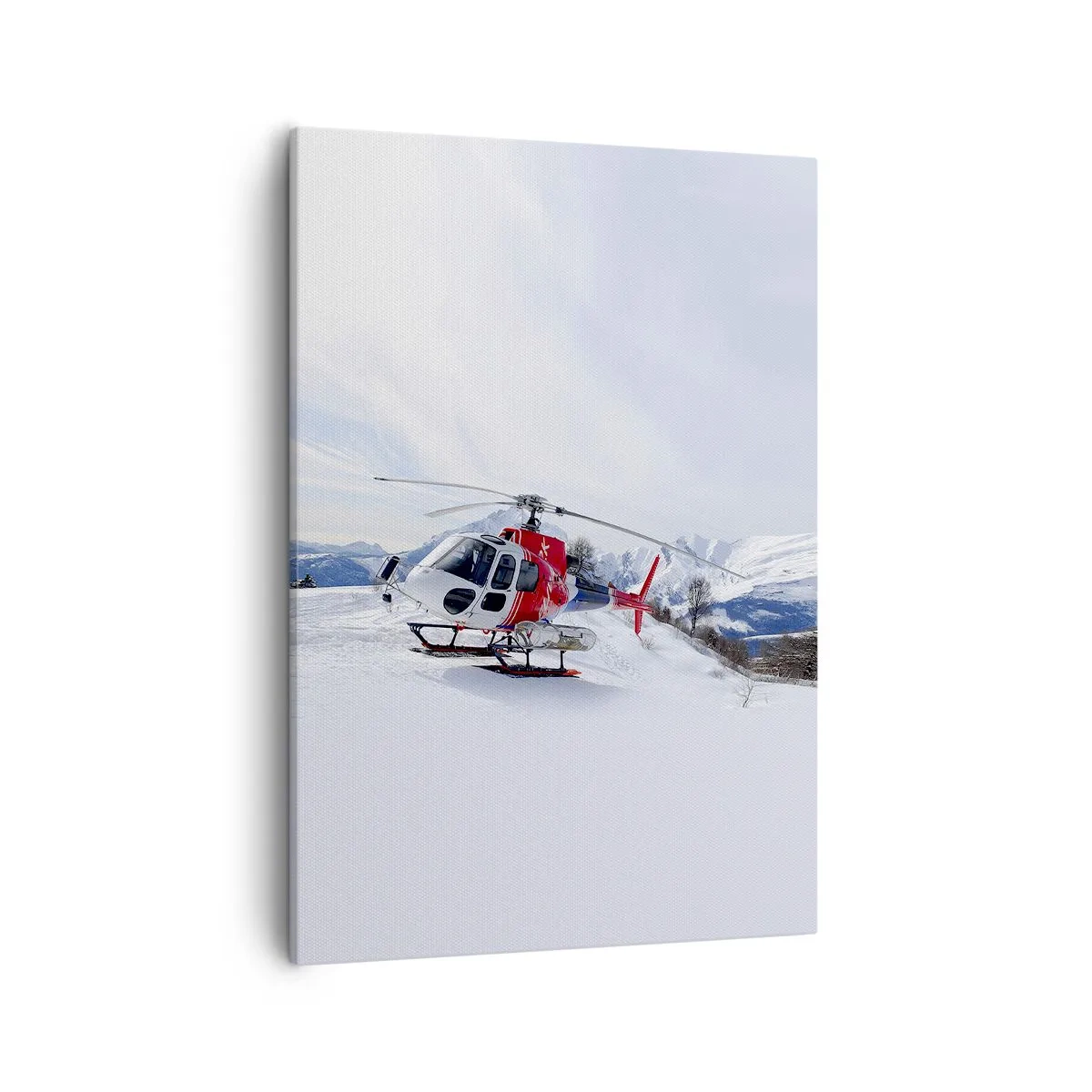 Quadro su tela - Stampe su Tela - Un elicottero rosso sullo sfondo di un paesaggio montano innevato. - 50x70cm - Sempre pronto - Decorazione murale moderna per soggiorno e camera da letto ARTTOR