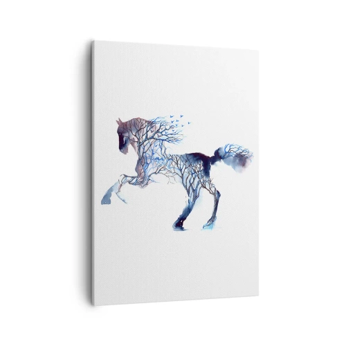 Quadro su tela - Stampe su Tela - Grafica artistica di un cavallo con motivi di alberi e uccelli - 50x70cm - Come se il bosco si muovesse - Decorazione murale moderna per soggiorno e camera da letto ARTTOR