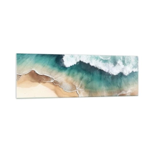 Quadro su vetro - Vista della spiaggia e delle onde del mare nelle tonalità del turchese - 160x50cm - L'eterno incontro - Decorazione murale moderna per soggiorno e camera da letto ARTTOR