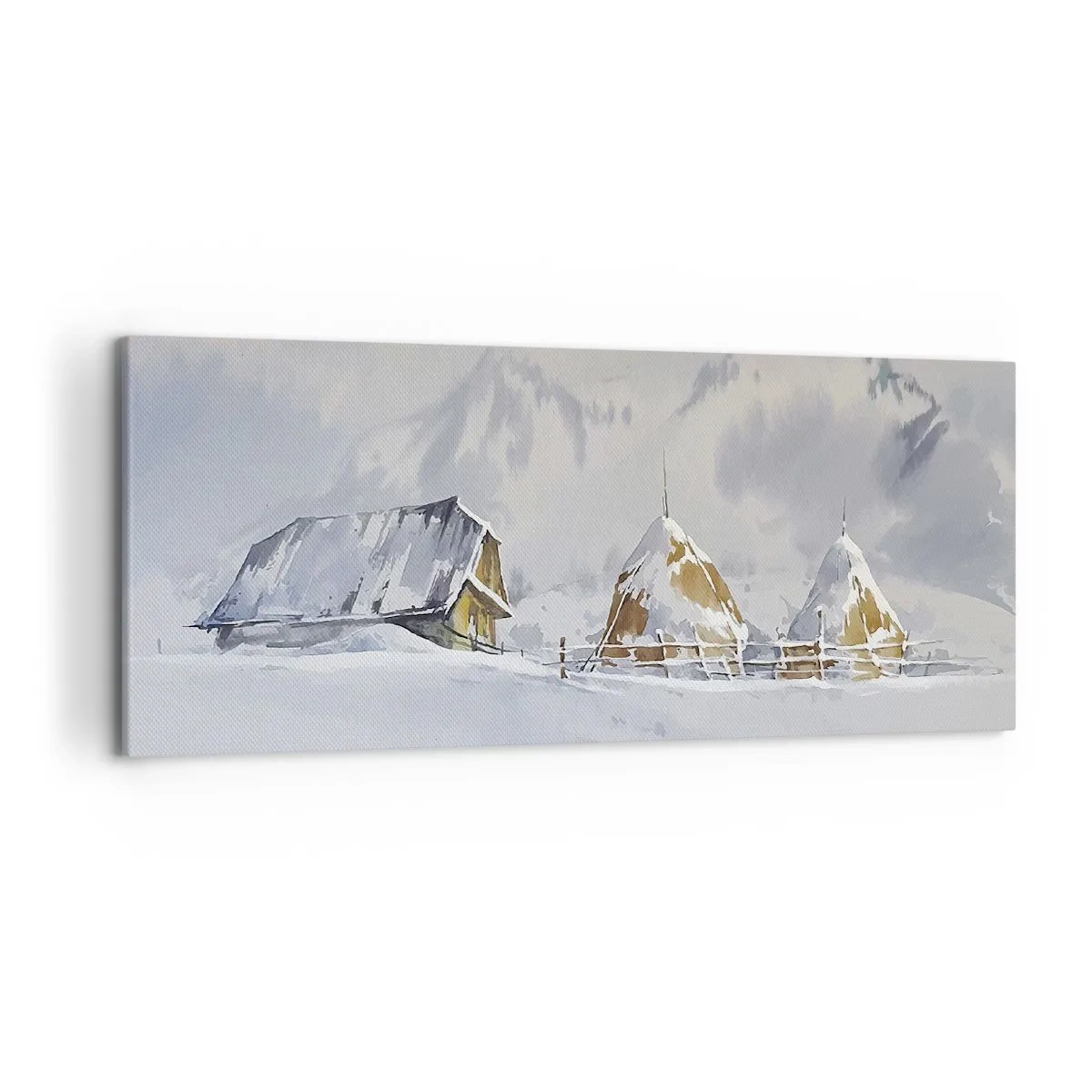 Quadro su tela - Stampe su Tela - Paesaggio invernale con una casetta e pagliai in montagna - 120x50cm - Nella valle innevata - Decorazione murale moderna per soggiorno e camera da letto ARTTOR