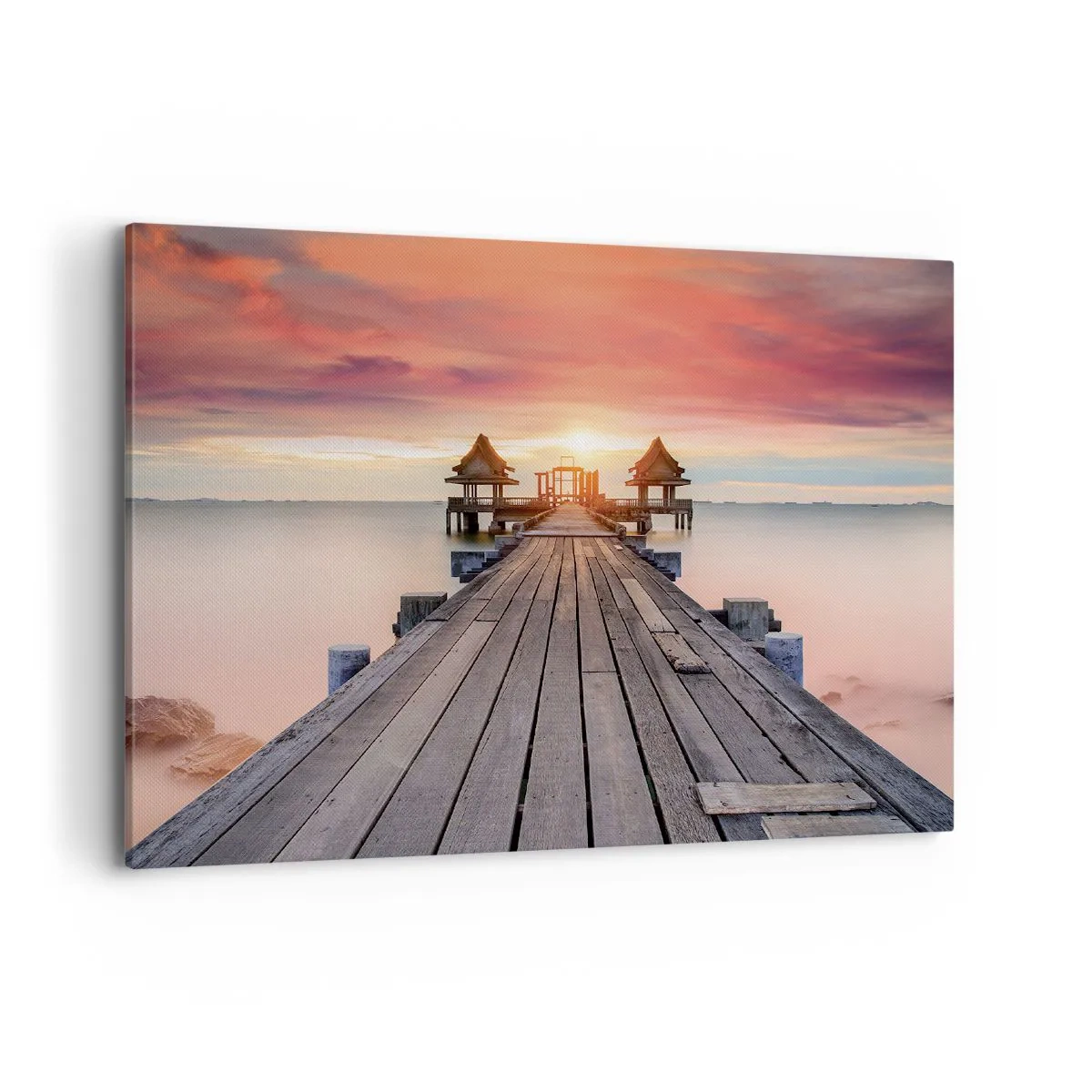 Quadro su tela - Stampe su Tela - Molo di legno che conduce ai gazebo al tramonto - 100x70cm - Tramonto d'oriente - Decorazione murale moderna per soggiorno e camera da letto ARTTOR