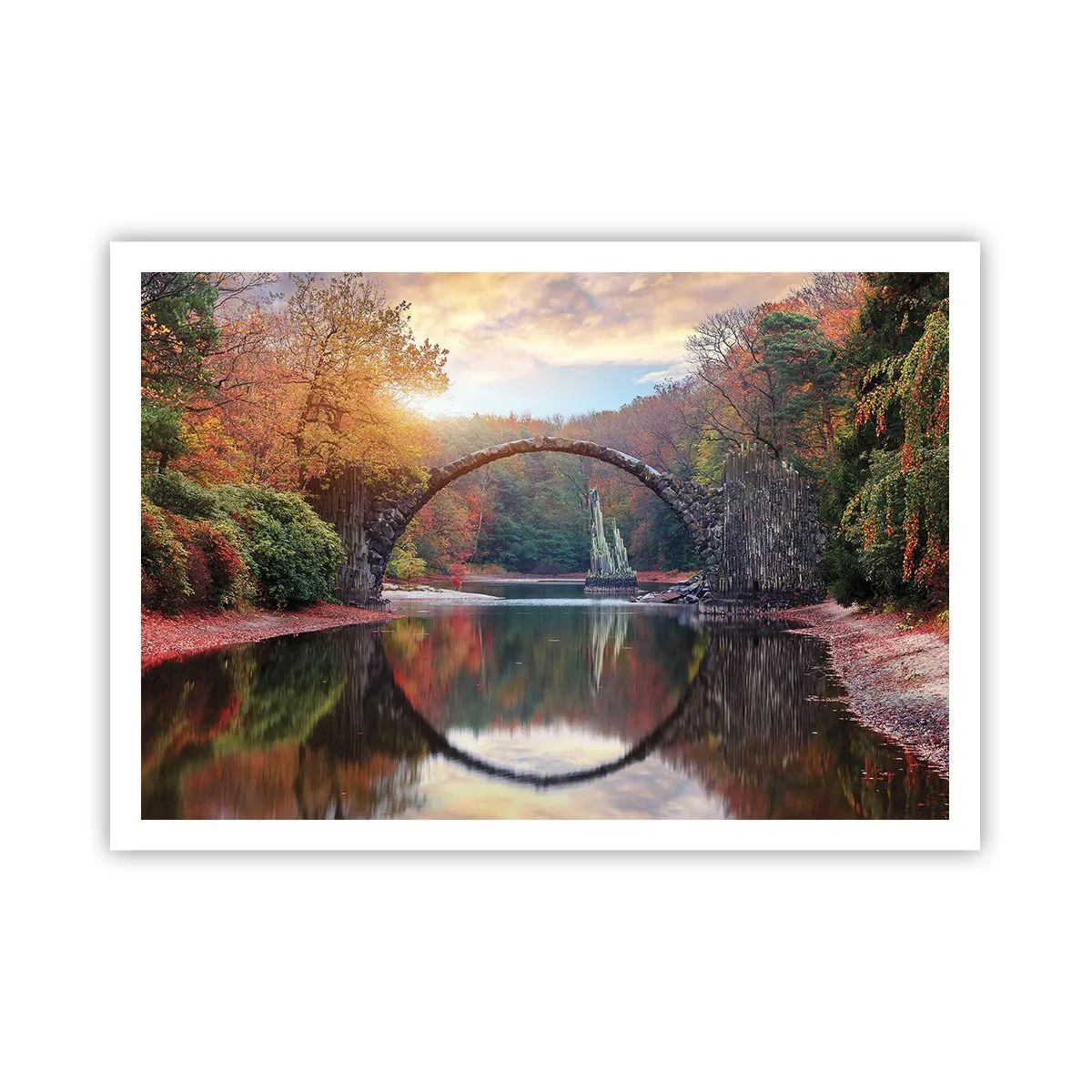Poster - Un ponte di pietra in uno scenario autunnale sopra acque calme - 100x70cm - Dall'altro lato dello specchio - Decorazione murale moderna per soggiorno e camera da letto ARTTOR