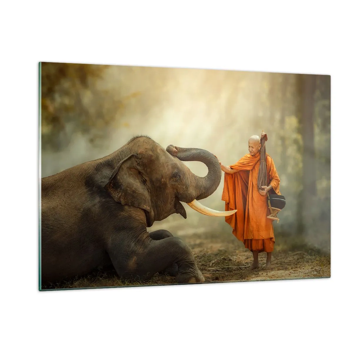 Quadro su vetro - Un monaco in abiti arancioni con un elefante in un ambiente naturale - 120x80cm - Incontro nel viaggio - Decorazione murale moderna per soggiorno e camera da letto ARTTOR