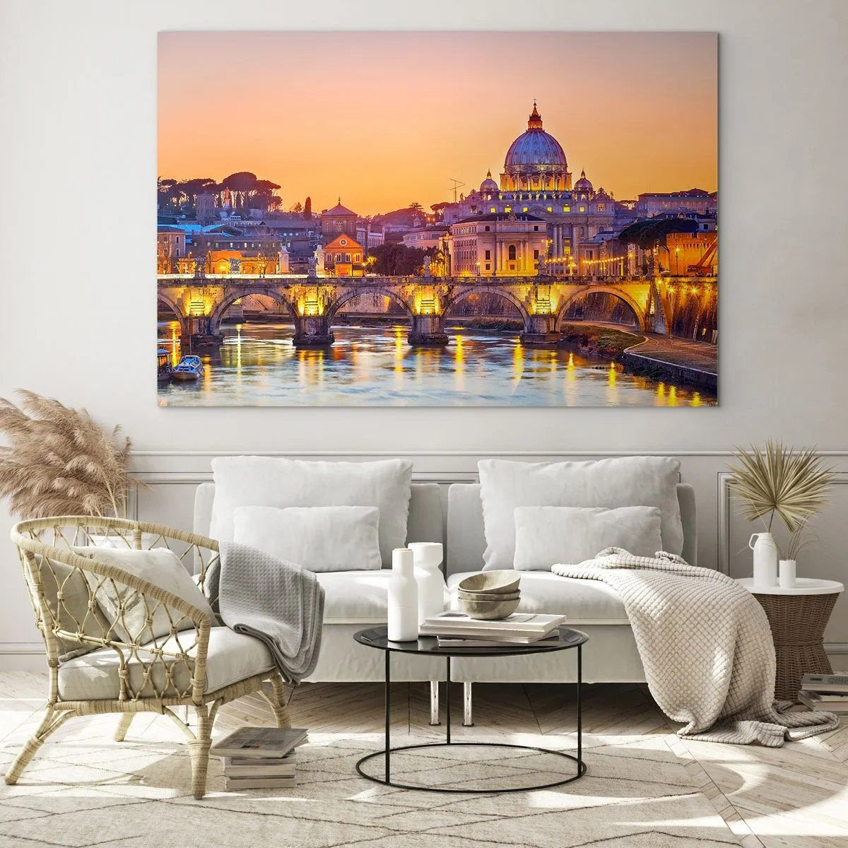 Quadro su vetro - Ponte e Basilica a Roma al tramonto - 100x70cm - Tramonto sulla Città Eterna - Decorazione murale moderna per soggiorno e camera da letto ARTTOR