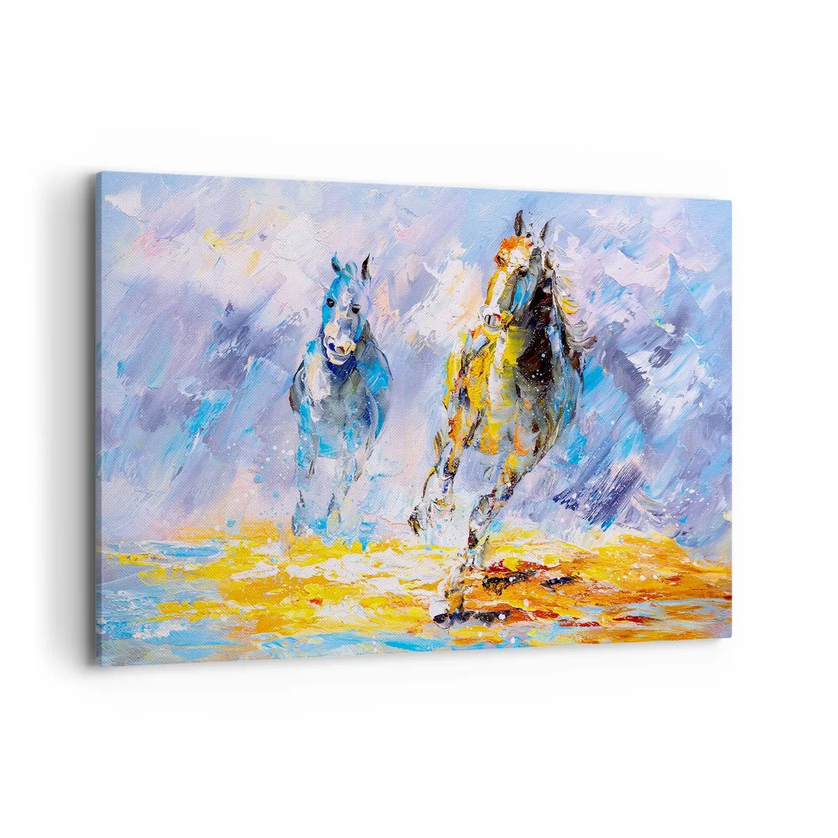 Quadro su tela - Stampe su Tela - Due cavalli in movimento sullo sfondo di un paesaggio astratto - 120x80cm - Al galoppo nella luce - Decorazione murale moderna per soggiorno e camera da letto ARTTOR
