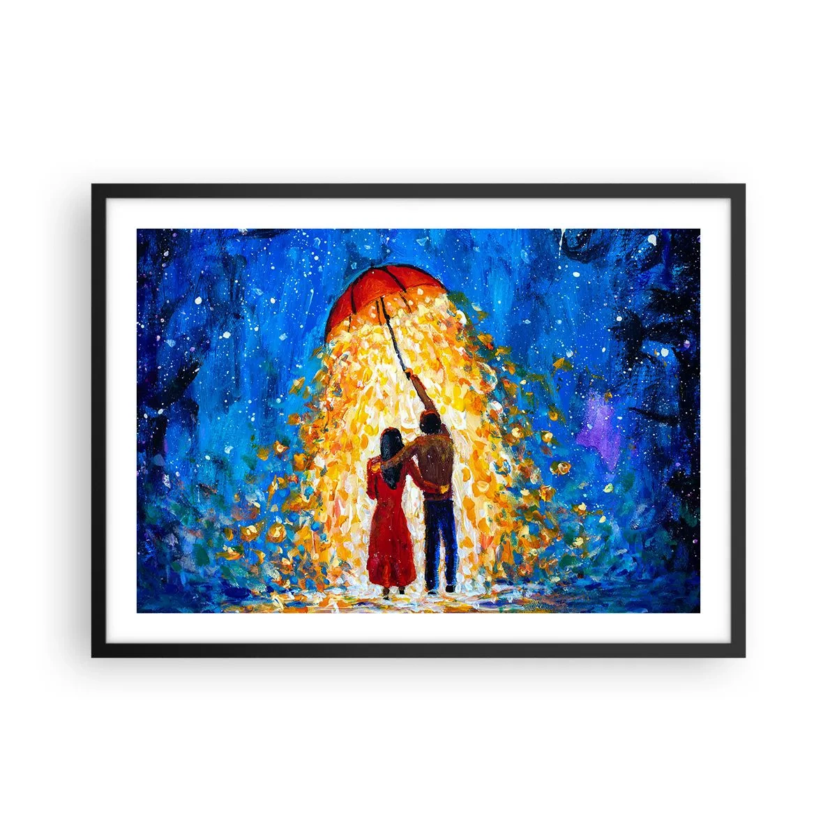 Poster in cornice nera - Una coppia sotto un ombrello rosso sotto la pioggia luminosa - 70x50cm - La magia di una sera piovosa? - Decorazione murale moderna per soggiorno e camera da letto ARTTOR